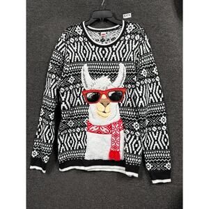 Holiday Time Sweater Mens Large Black White Llama Sunglasses Ugly Christmas